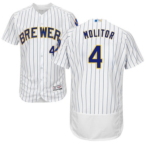 Brewers #4 Paul Molitor White Strip Flexbase Authentic Collection Stitched MLB Jersey